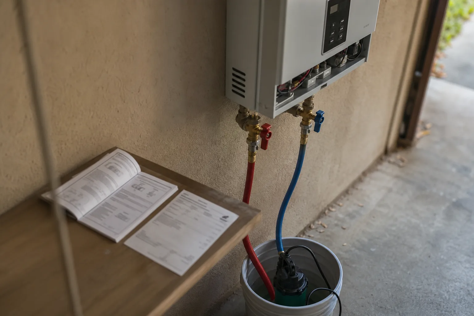 A wall-mounted tankless water heater with its service valves open, two hoses running down to a bucket with a small submersible pump, and a manufacturer's man...