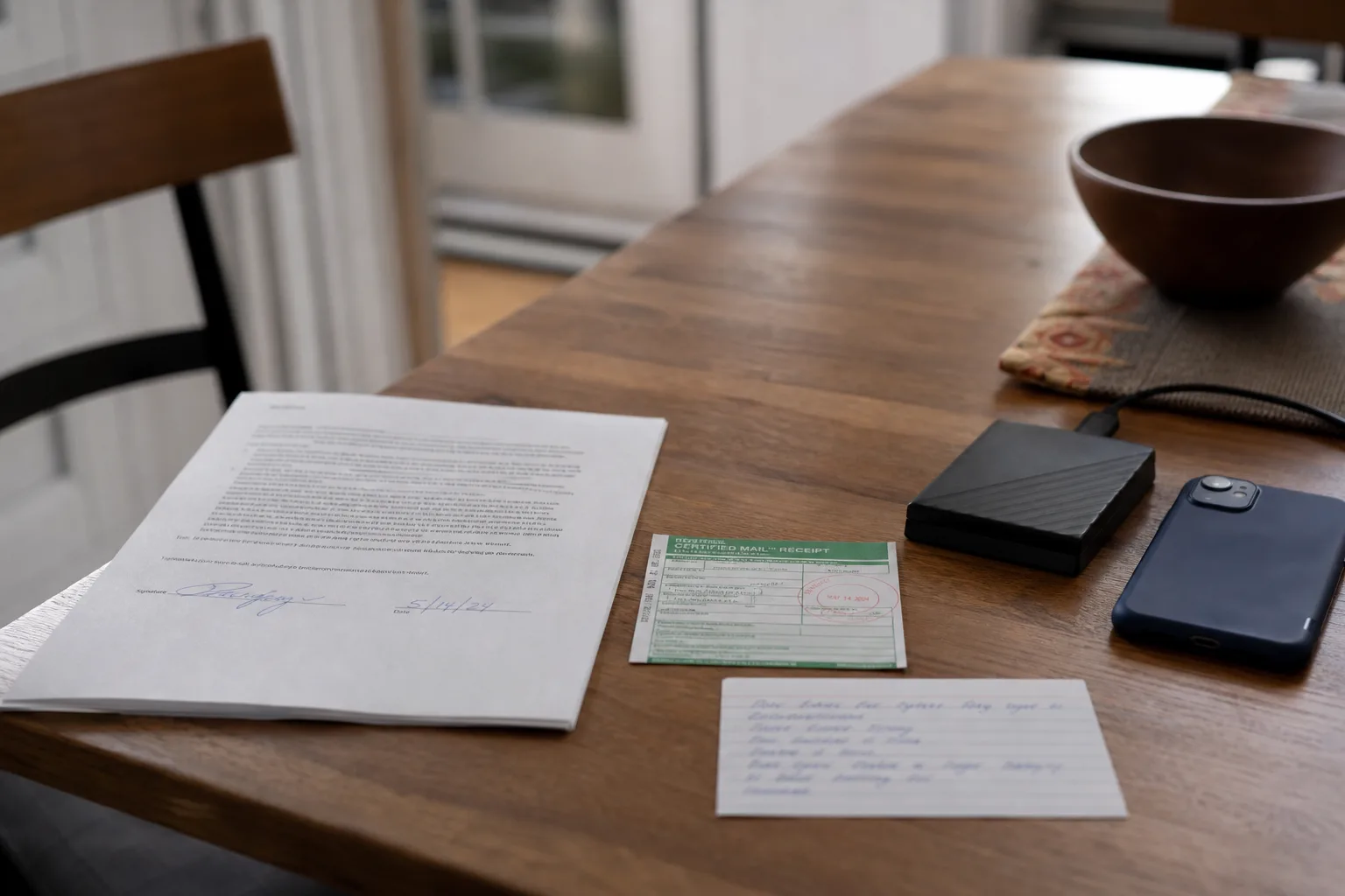 A kitchen table with a printed signed contract, a certified mail receipt, an external hard drive, and a phone lying face down beside a handwritten index card