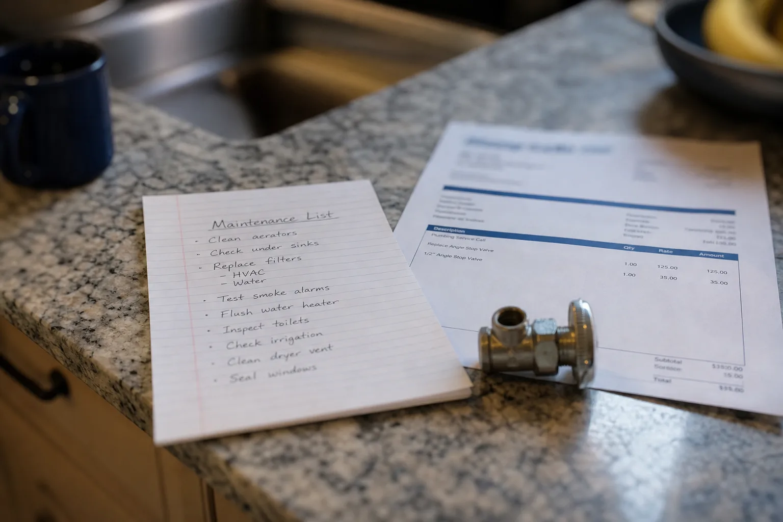 A homeowner's handwritten maintenance list on a kitchen counter beside a service company invoice and a small plumbing valve part
