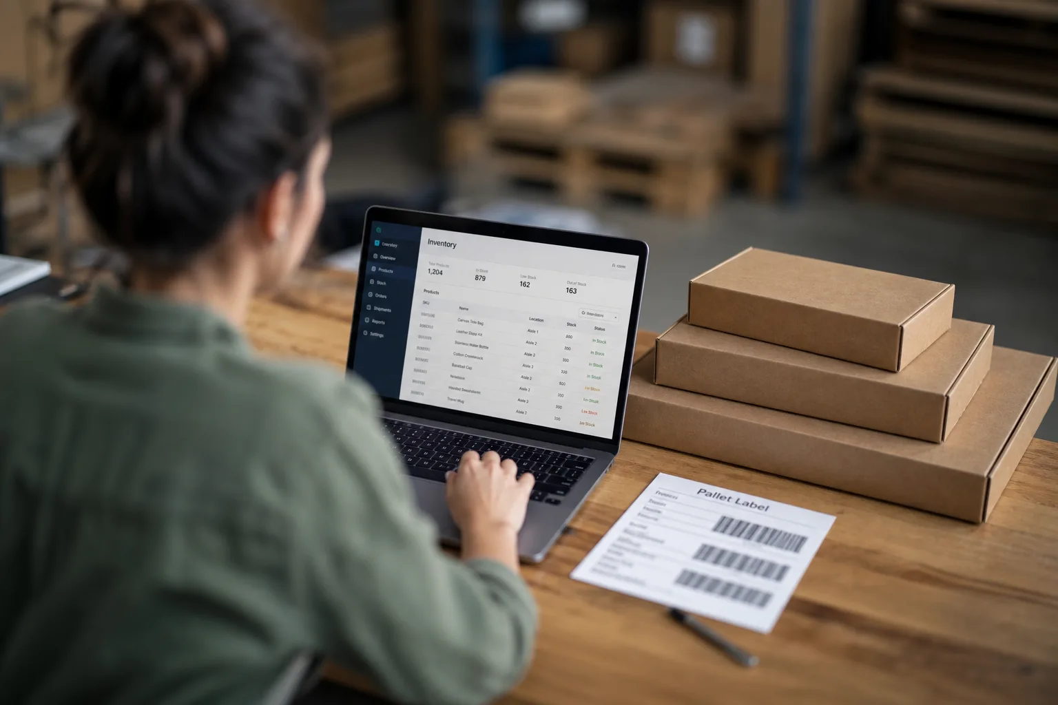 A small business owner at a desk with a laptop showing a warehouse inventory portal, beside a printed pallet label and a stack of flat corrugated cartons in...