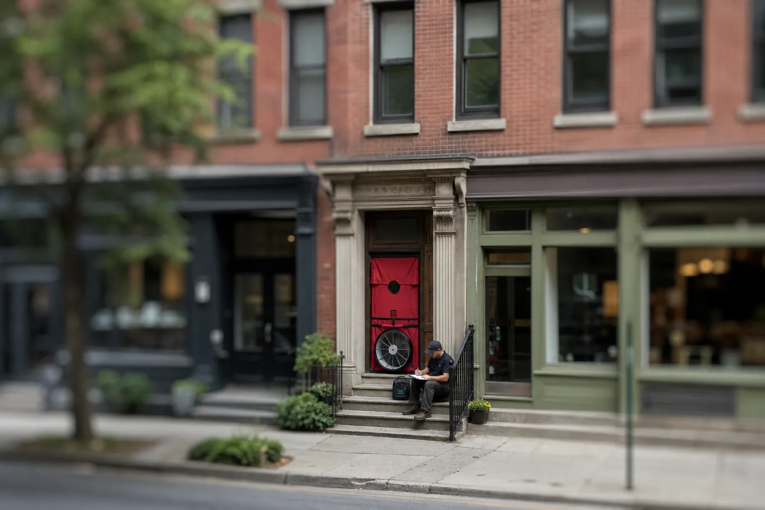 A blower door fan sealed into the front doorway of a three-story brick building with storefronts at street level, with a technician's clipboard and pressure...