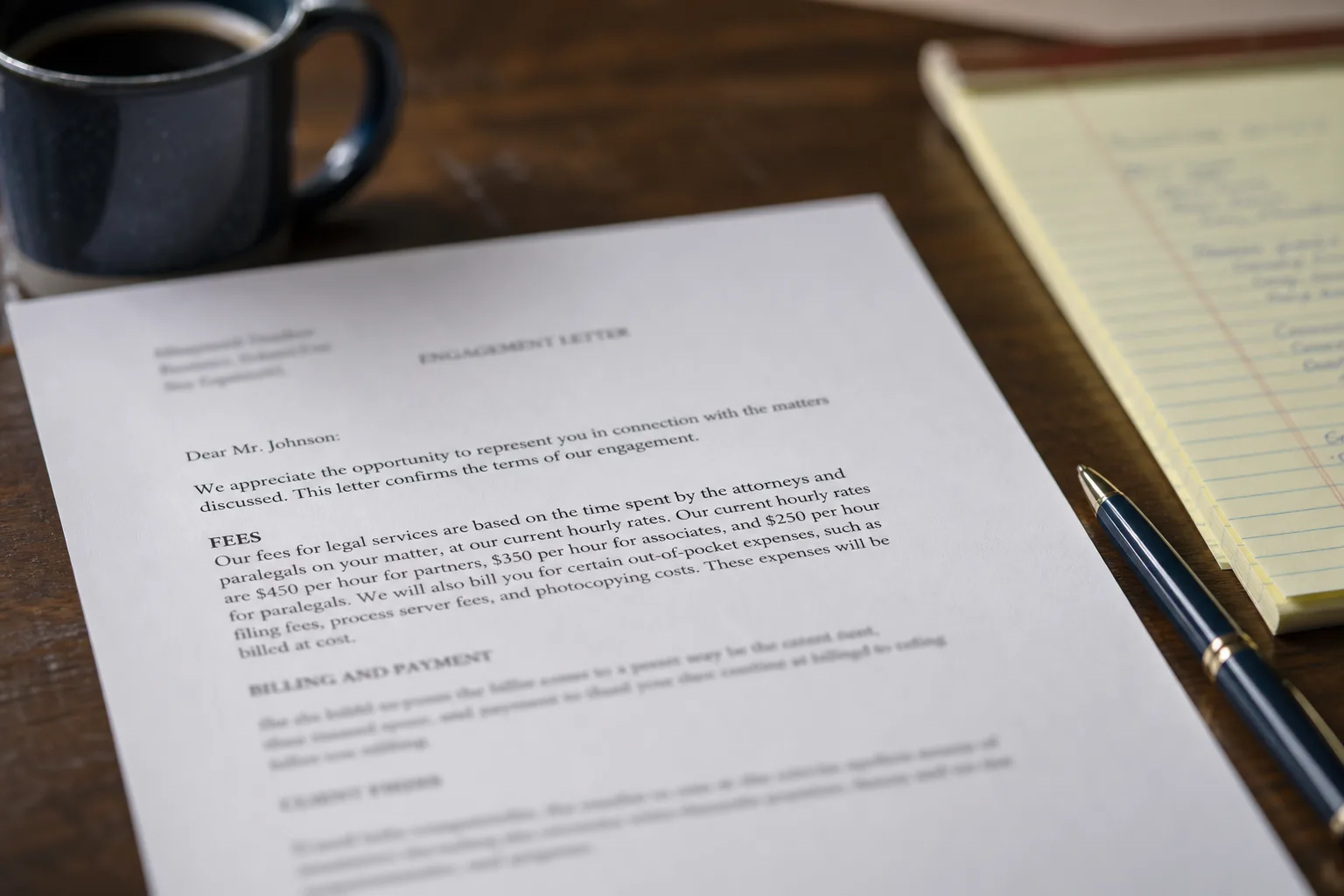 An open attorney engagement letter on a desk beside a pen, a legal pad and a coffee cup, with a fee schedule paragraph visible on the page