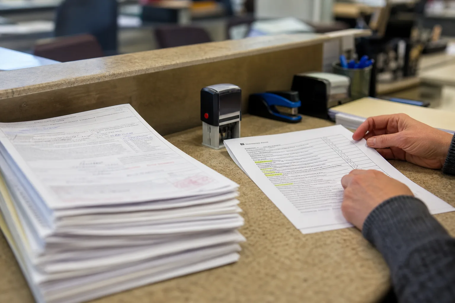 A county recorder's counter with a stack of recorded deeds, a date stamp, and a clerk's hands checking a document against a printed checklist