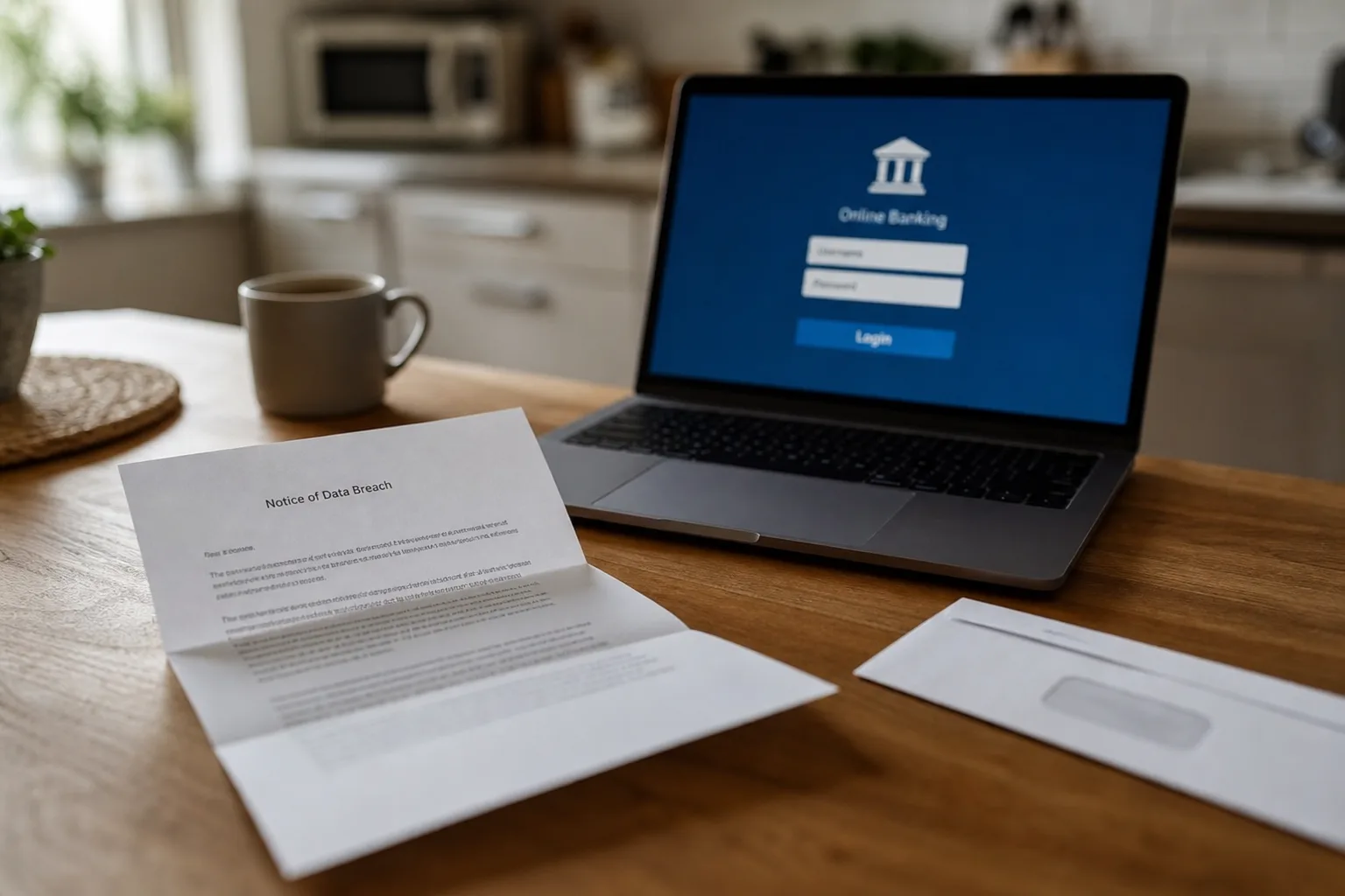 An opened breach notification letter on a kitchen table beside a laptop showing a bank account login screen, with a second unopened envelope nearby