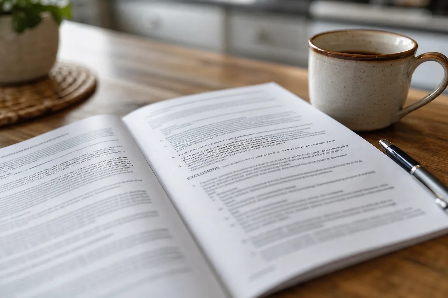 An open homeowners insurance policy booklet on a kitchen table, turned to a dense page of exclusions, with a pen and a coffee cup beside it