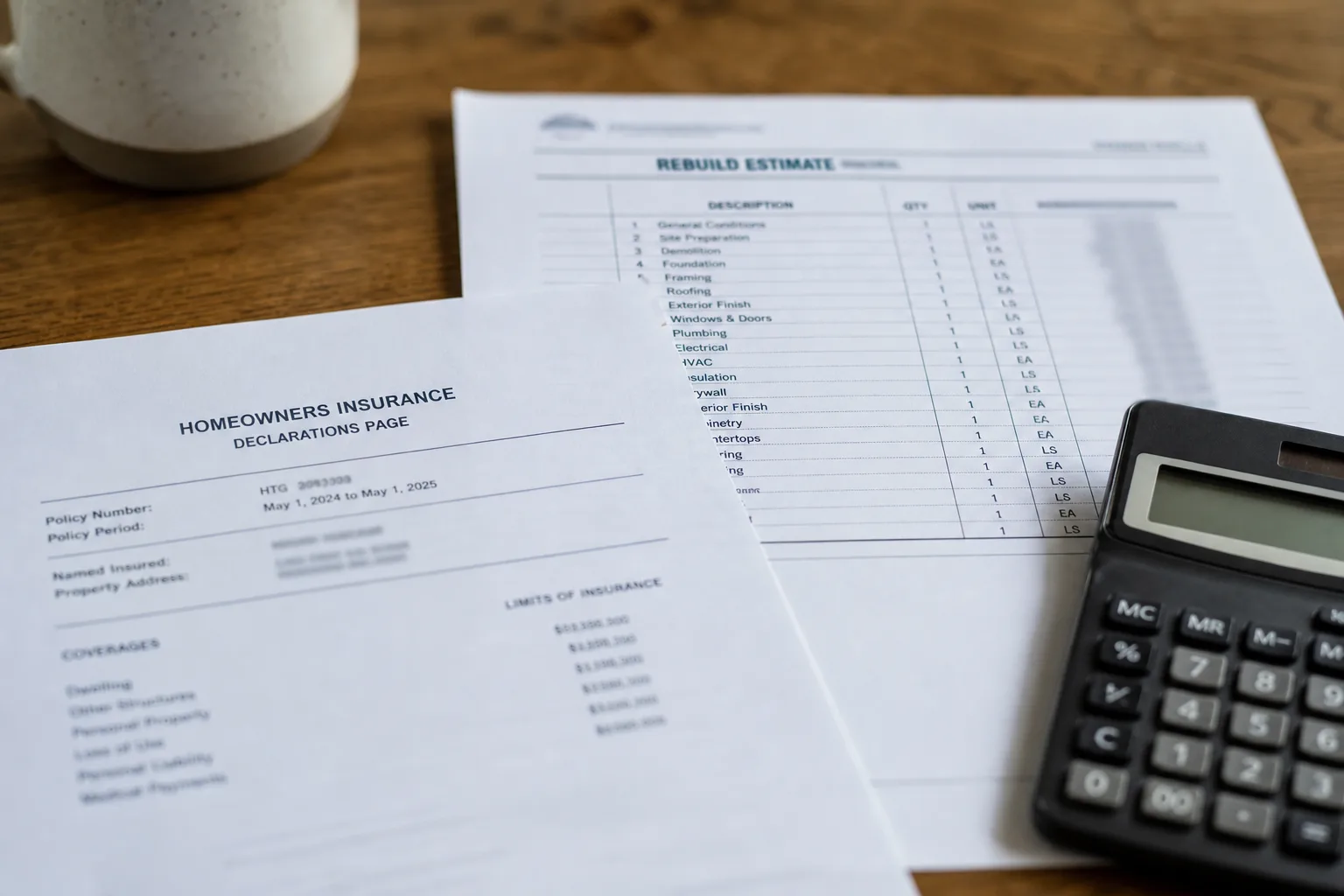 A homeowners insurance declarations page on a kitchen table beside a contractor's written rebuild estimate and a pocket calculator