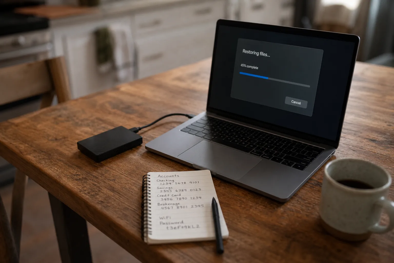 An external hard drive and a small notebook with handwritten account details on a kitchen table beside an open laptop showing a file restore in progress