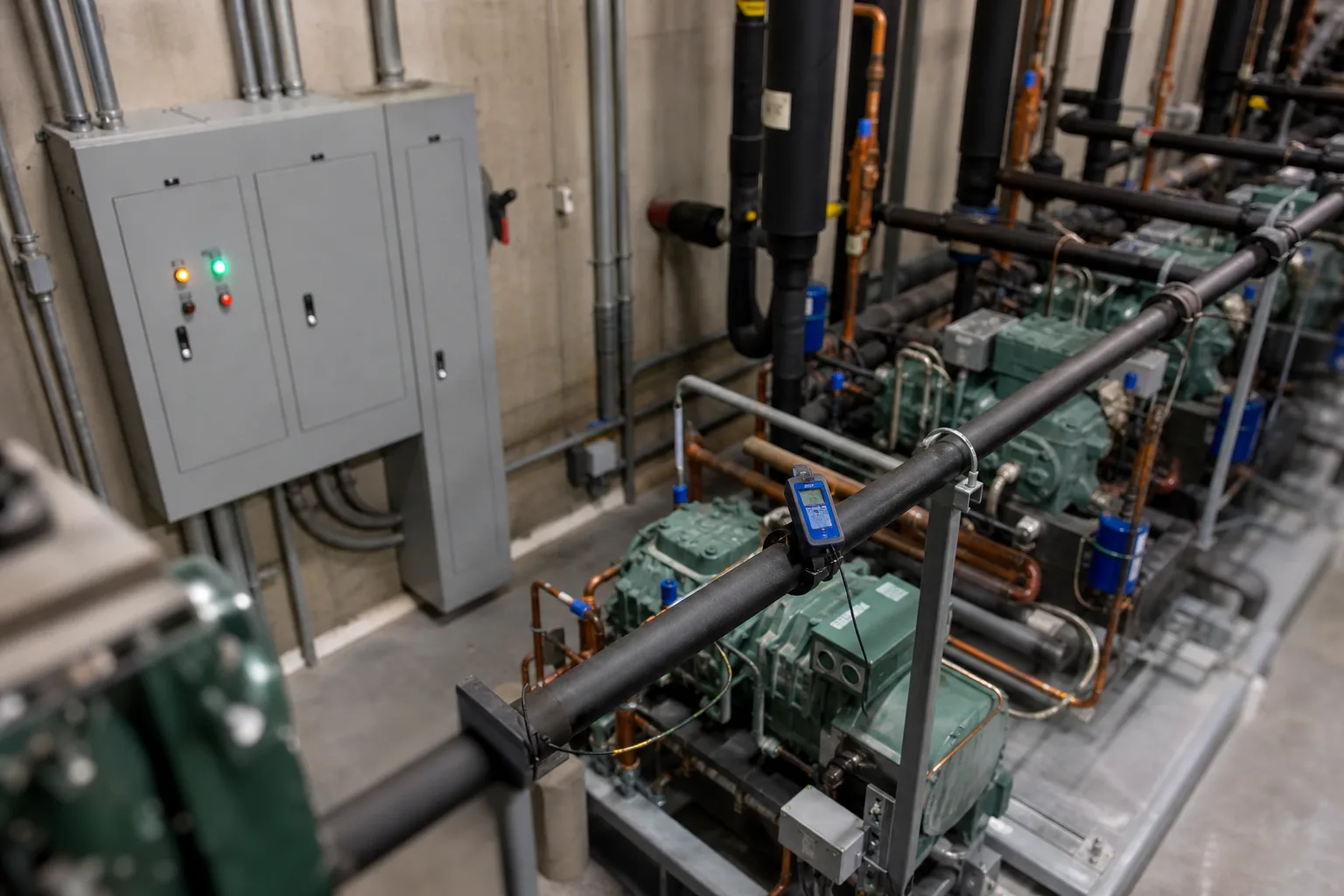 A commercial refrigeration compressor room in a food distribution warehouse, with an electrical panel, conduit, and a portable data logger clipped to a pipe
