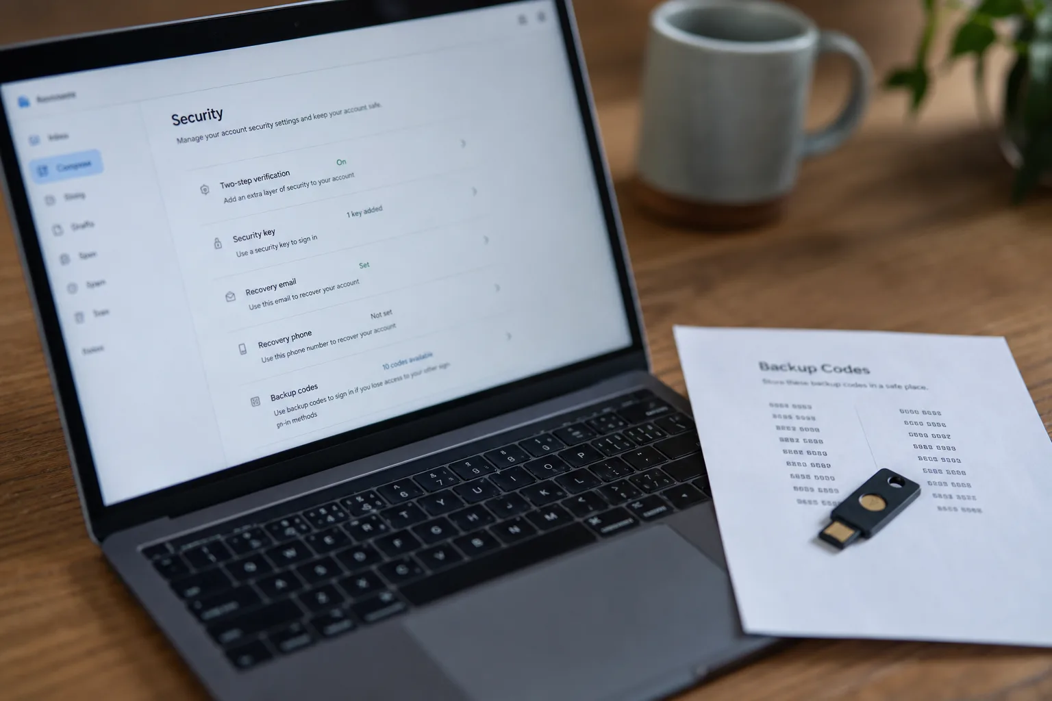 A laptop screen showing an email account security settings page, beside a printed sheet of backup codes and a small hardware security key on a wooden desk