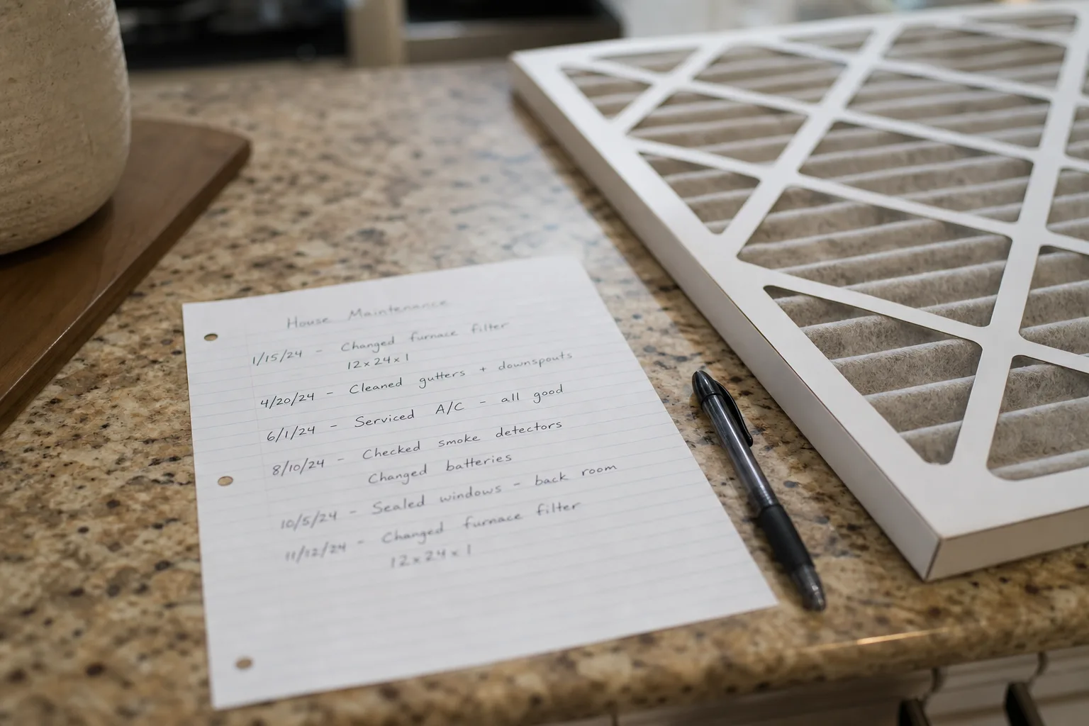 A single sheet of handwritten household maintenance notes on a kitchen counter, with dates and short entries filled in, beside a furnace filter and a pen