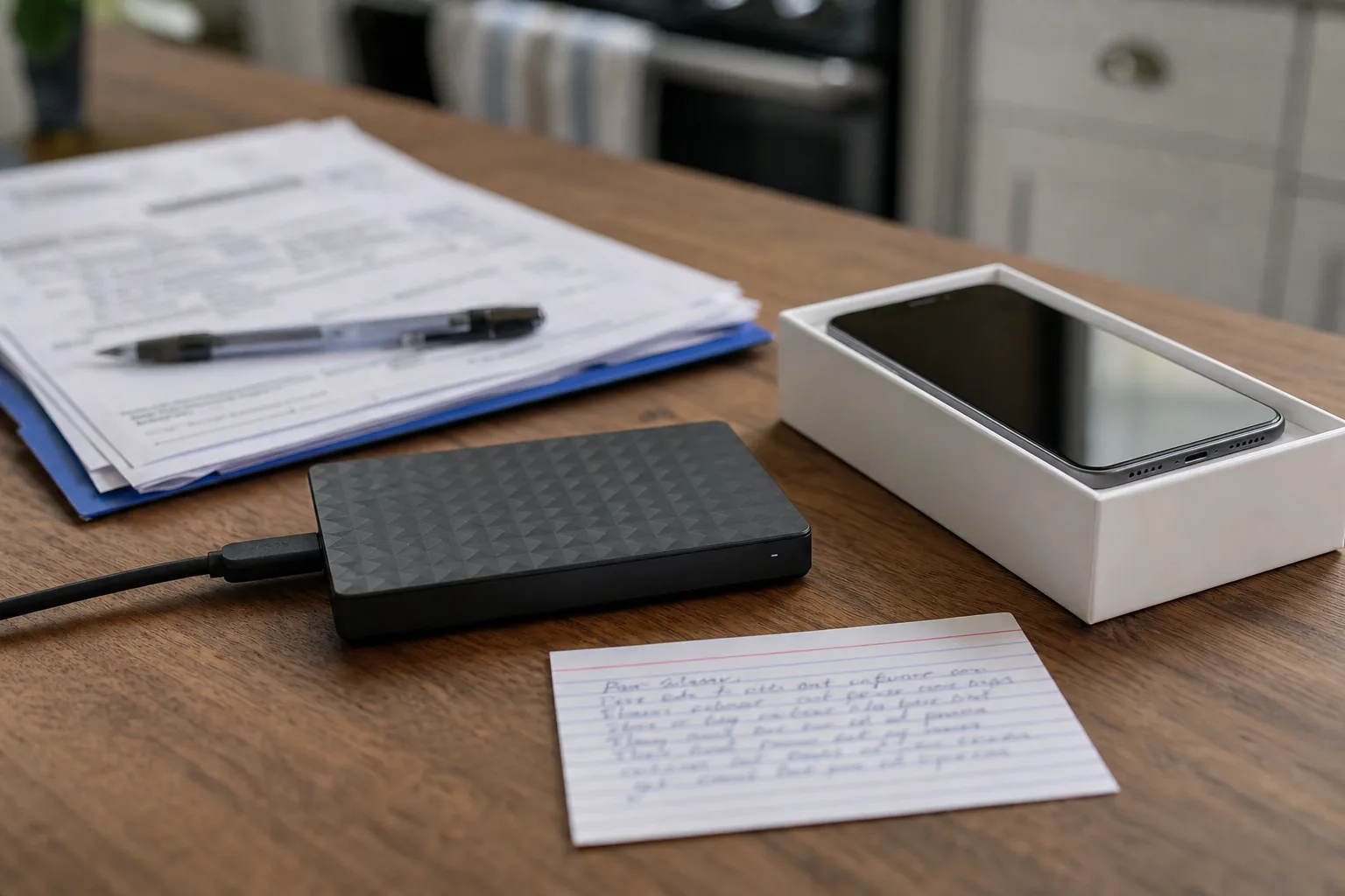 An external hard drive and a new smartphone still in its box sitting on a kitchen table beside a stack of tax documents and a handwritten index card
