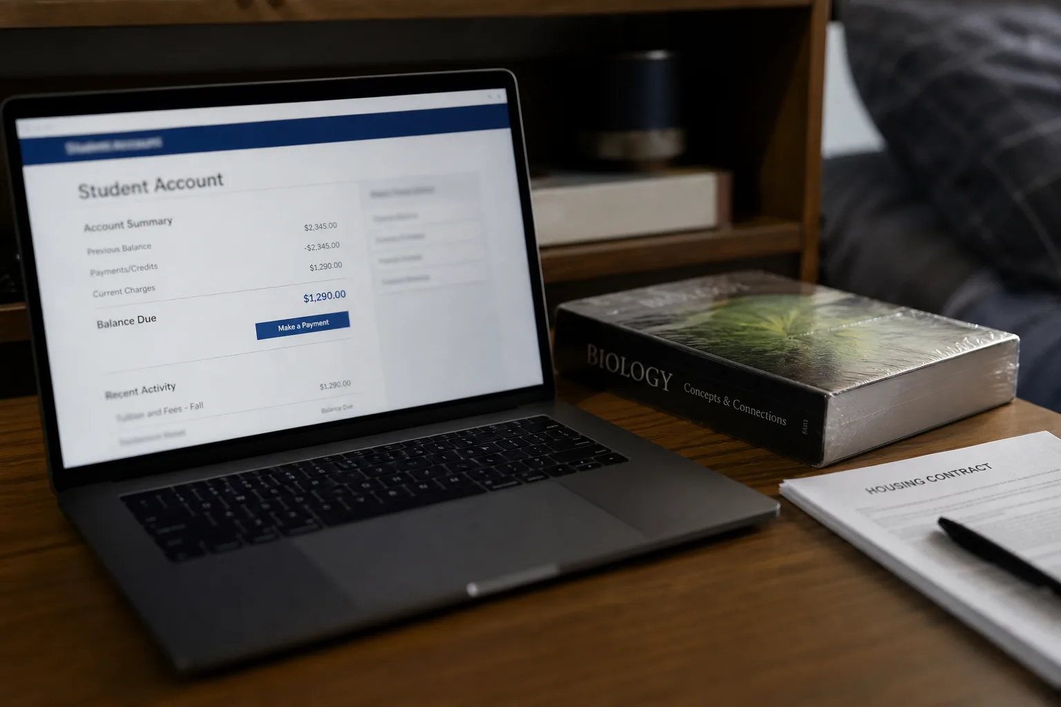 A university student account statement on a laptop screen beside an unopened textbook shrink wrap and a housing contract packet on a dorm desk