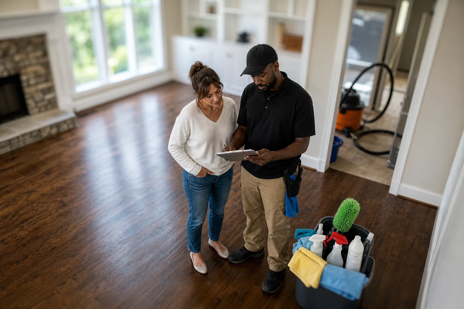 A homeowner and a cleaning crew lead standing together in a bright empty living room, both looking at a printed checklist on a clipboard, cleaning equipment...