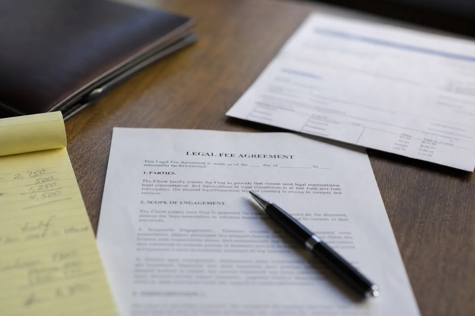 A printed legal fee agreement on a desk with a pen resting on the scope of engagement section, alongside a second folded quote and a notepad with handwritten...