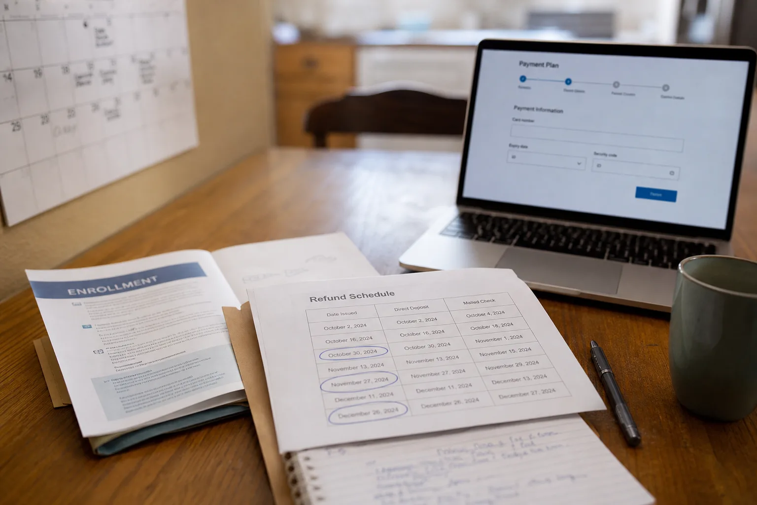 A kitchen table with an open enrollment packet, a printed refund schedule page with dates circled in pen, a wall calendar, and a laptop showing a payment pla...