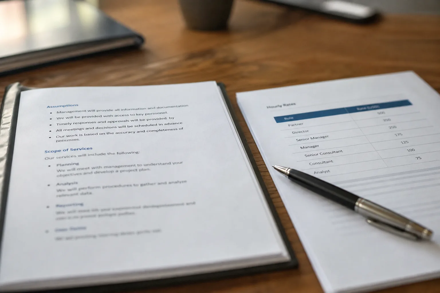 A printed professional services engagement letter on a desk, open to the assumptions and scope page, beside a second proposal showing an hourly rate table, w...